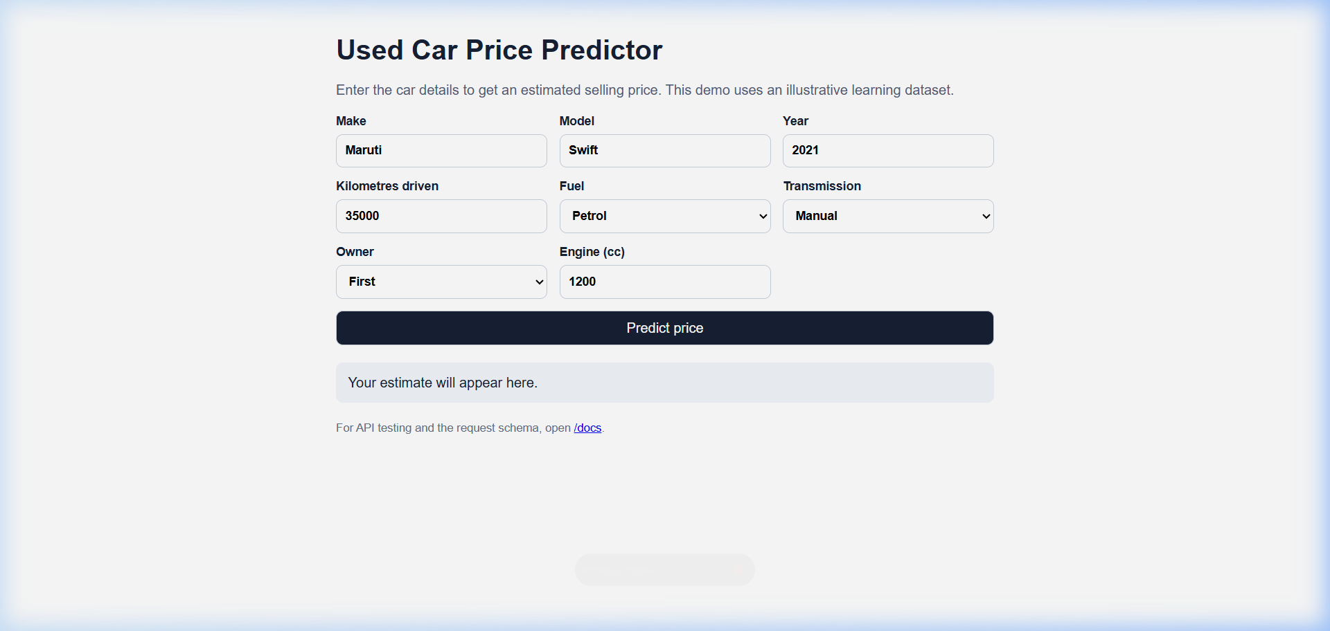 Live preview of Used Car Price Predictor
